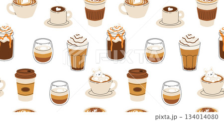 Seamless pattern of Coffee Cups with Latte Art Patterns Front View. Cute rabbit, Flower and Heart foam shapes. Cafe Bar or Coffee House Graphics. Vector Illustration, Icons 134014080
