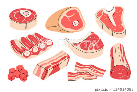 Raw meat products. Fresh beef steaks, pork raw meat food flat vector illustration set. Butcher shop products Raw meat products. Fresh beef steaks, pork raw meat food flat vector illustration set. Butcher shop products 134014083