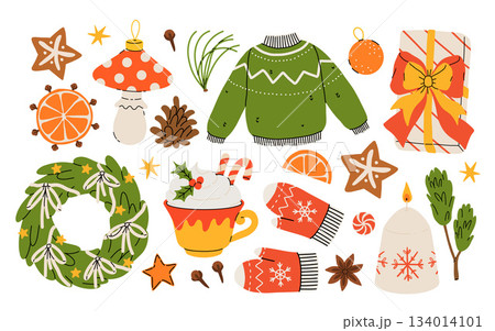 Hygge Winter elements set. Cute and cozy cartoon vector collection. Illustration of christmas present, festive garland, warm knitted sweater, envelope, star and skates. 134014101