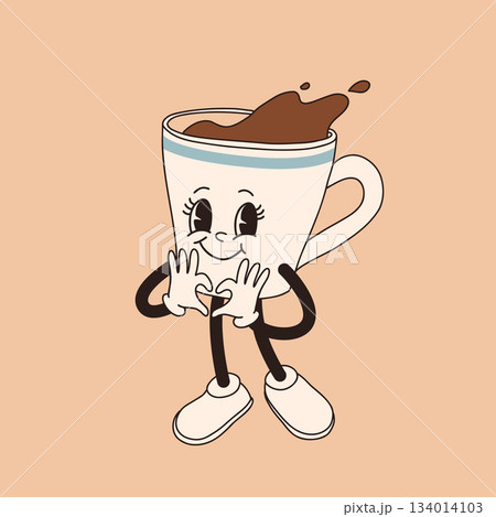 Retro cartoon coffee cup character. Mug mascot in different poses. 60s 70s 80s groovy contour vector illustration. Espresso black coffee cup. 134014103