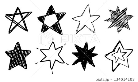 Set of black doodle style stars drawn by hand. Grunge scrawls, charcoal scribbles, rough brush strokes, underlines. Bold charcoal freehand stars. Crayon or marker scribbles 134014105