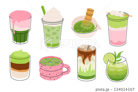 Set of Japan matcha cocktails. Collection of matcha drinks with latte , frappuccino, mojito, lemonade and coffee tonic. Green iced matcha latte in various cups. Flat cartoon vector illustration 134014107