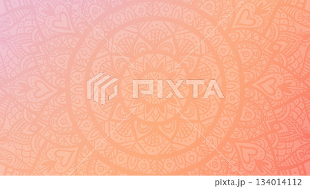 Round mandala on dreamy peach fuzz gradient background. Translucent mesh pattern in the form of a mandala. Mandala with floral patterns. Pastel Yoga template. 134014112