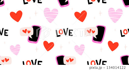 Valentines day elements vector seamless pattern. Gifts, envelope, heart, dessert, messages, candies, locks and other traditional decorations. Cartoon doodle style. Valentines day elements vector seamless pattern. Gifts, envelope, heart, dessert, messages, candies, locks and other traditional decorations. Cartoon doodle style. 134014122