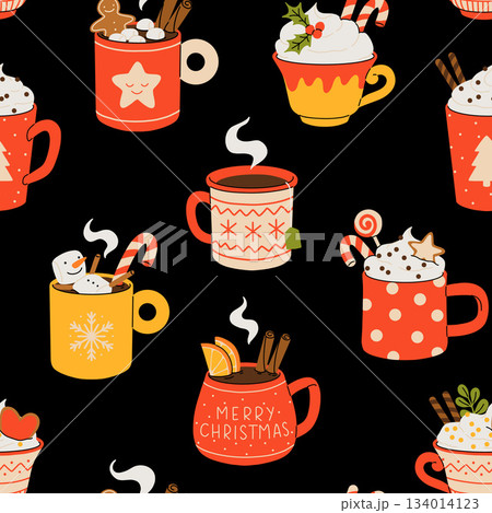 Christmas and Happy New Year seamless pattern. Mugs of cacao with whipped cream, marshmallow and candy cane. Greeting card for Xmas, New year or winter holidays. Vector design template. 134014123