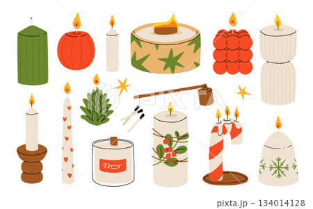 Christmas candles. Cartoon xmas decor burning candles, winter holidays wax candles with Christmas decorations, Noel home interior decor flat vector illustration set. Xmas candles collection 134014128