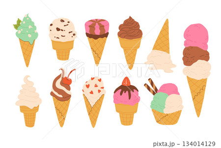 Desserts, sweet eating set. Yummy street food, confectionery snacks. Cone waffle with filling, icecream balls in cup, ice-cream in cone. Flat vector illustrations isolated on white background 134014129
