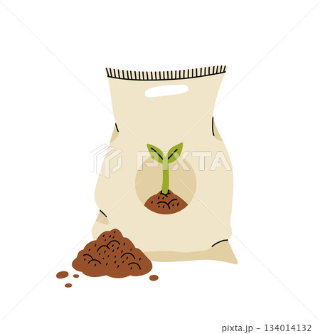 Cartoon flat icon of organic composting theme. Garden tools, bag of compost, ground, food garbage. Illustration of bio, organic fertilizer, compost bin and box, agronomy. 134014132