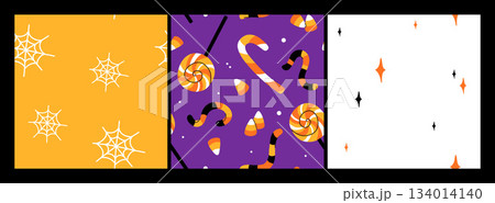 Purple, orange yellow and black seamless prints with Halloween decorative elements - ghost, pumpkin, sculls. Cute vector characters, decor objects - sweets, pumpkin, witch, ghost, bat. Pattern design 134014140