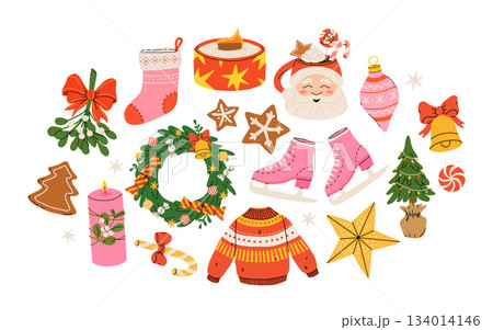 Cozy collection of Christmas and New Year items. Set of traditional winter symbols, elements and decorations christmas tree, wreath, mistletoe, candles, clothes and other. Colored flat illustration 134014146