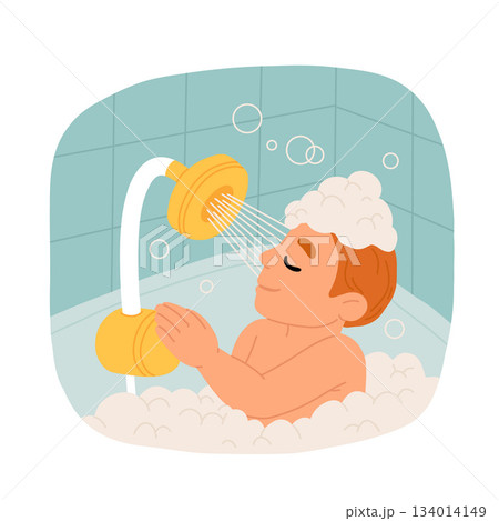 Boy Washing Himself in Bathtub with Shampoo Foam, Adorable Little Kid in Bathroom, Daily Hygiene Vector Illustration Boy Washing Himself in Bathtub with Shampoo Foam, Adorable Little Kid in Bathroom, Daily Hygiene Vector Illustration 134014149