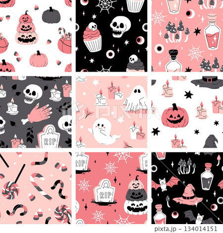 Pink grey and black seamless prints with Halloween decorative elements - ghost, pumpkin, sculls. Cute vector characters, decor objects - sweets, pumpkin, witch, ghost, bat. Pattern design 134014151