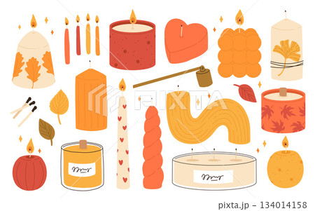 Various autumn Candles. Different shapes and sizes. Pillar, jar candle, square, container candle, heart shaped. Decorative fall wax candles with leaves and autumn elements. Matches, candle snuffer 134014158