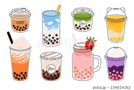 Set of plastic glasses with Taiwanese bubble or boba milk tea with different flavors: matcha, honeydew, etc. Collection of cold Asian drink from tapioca pearls. Colorful flat vector illustration 134014162