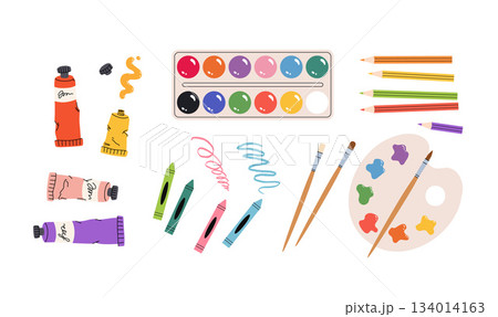 Painting tools elements vector set, cartoon style. Art supplies: paint tubes, brushes, pencil, watercolor, palette. Trendy modern vector illustration isolated on white, hand drawn, flat design. 134014163