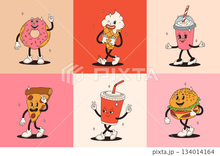 Set of fast food retro groovy cartoon character. Vintage mascot of burger, pizza, hot dog, ice cream, french fries, coffee to go, donut and soda with happy smile. Funky street food illustration 134014164