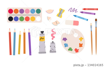 Painting tools elements vector set, cartoon style. Art supplies: paint tubes, brushes, pencil, watercolor, palette. Trendy modern vector illustration isolated on white, hand drawn, flat design. Painting tools elements vector set, cartoon style. Art supplies: paint tubes, brushes, pencil, watercolor, palette. Trendy modern vector illustration isolated on white, hand drawn, flat design. 134014165