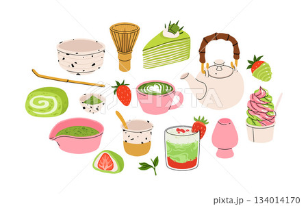 Matcha tea. Vector set of organic tea matcha powder, tea leaves, teapot, matcha latte, macarons, spoon, traditional cup, whisk, tools for Japanese ceremony. Matcha green tea ceremony. Healthy drink 134014170