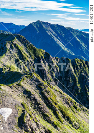 赤石岳の山頂から見る朝焼けの悪沢岳（東岳）　南アルプス赤石岳登山 134014201