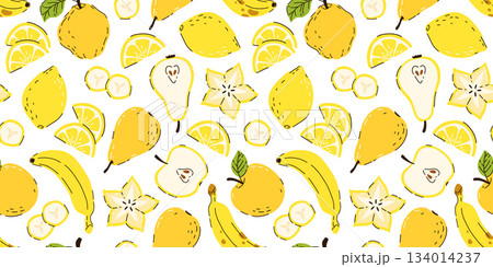 Fresh fruits on white background. Hand drawn seamless pattern. Colorful wallpaper vector. citrus, lemon, apple, pear, banana, starfruit collection. Decorative illustration, good for printing 134014237