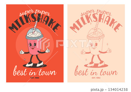 Set of fast food posters. Retro groovy cards with street food characters. Brochure with funky groovy burger, french fries, soda, ice cream, donut, pie, coffee to go, sandwich. Fast food delivery Set of fast food posters. Retro groovy cards with street food characters. Brochure with funky groovy burger, french fries, soda, ice cream, donut, pie, coffee to go, sandwich. Fast food delivery 134014238