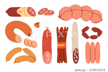 Set of boiled and smoked sausage products, frankfurter, whole sausage, half, sliced, boiled pork, string of sausages. Food, meat dish. Color vector illustration isolated on white 134014243