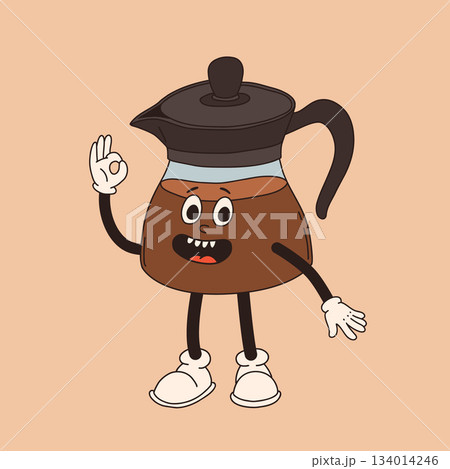 Retro cartoon coffee cup character. Mug mascot in different poses. 60s 70s 80s groovy contour vector illustration. Espresso black coffee cup. 134014246