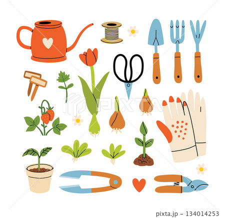 Set of gardening items in hand drawn cartoon style. Various agricultural and garden tools for spring work. Growing plants, flowers and herbs, seedling. Vector clip art illustration. 134014253