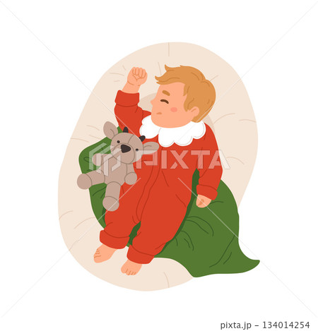 Baby first Christmas vector card with newborn baby sleeping in basket. Winter holiday cute baby in red costume illustration isolated element for greeting card. Merry Christmas, Happy New Year poster Baby first Christmas vector card with newborn baby sleeping in basket. Winter holiday cute baby in red costume illustration isolated element for greeting card. Merry Christmas, Happy New Year poster 134014254