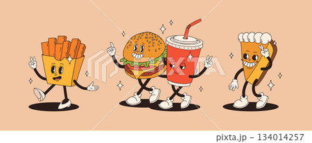 Set of fast food retro groovy cartoon character. Vintage mascot of burger, pizza, hot dog, ice cream, french fries, coffee to go, donut and soda with happy smile. Funky street food illustration 134014257