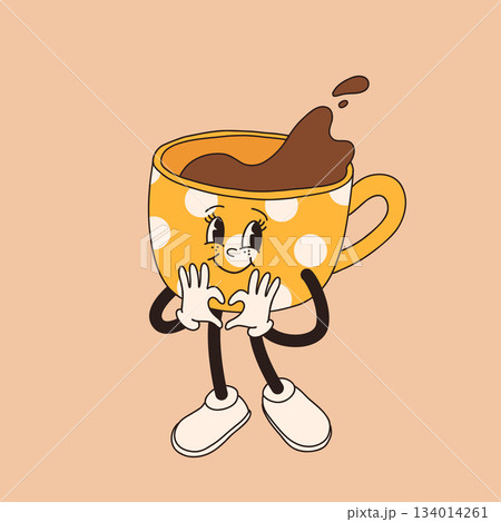 Retro cartoon coffee cup character. Mug mascot in different poses. 60s 70s 80s groovy contour vector illustration. Espresso black coffee cup. 134014261