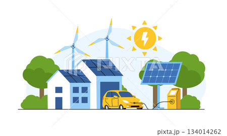 Renewable energy concept. Vector illustration of clean electric energy from renewable sources, sun, and wind. Sustainable green energy, renewable energy sources, and green electricity Renewable energy concept. Vector illustration of clean electric energy from renewable sources, sun, and wind. Sustainable green energy, renewable energy sources, and green electricity 134014262