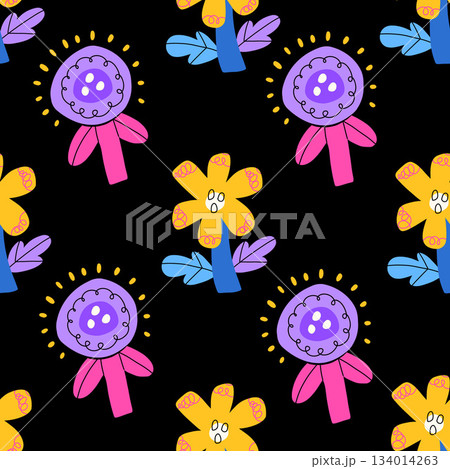 Vector seamless pattern with abstract cute spring flowers and leaves in flat cartoon style. Kids design, for fabric, wrapping, textile, wallpaper 134014263