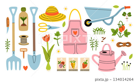 Set of gardening items in hand drawn cartoon style. Various agricultural and garden tools for spring work. Growing plants, flowers and herbs, seedling. Vector clip art illustration. 134014264