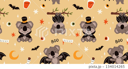 Vector cartoon seamless pattern of cute koala for kids. Koala in vampire costume, with bat wings for halloween, with crescent moon, stars, red potion bottle and teeth with blood. Vector cartoon seamless pattern of cute koala for kids. Koala in vampire costume, with bat wings for halloween, with crescent moon, stars, red potion bottle and teeth with blood. 134014265