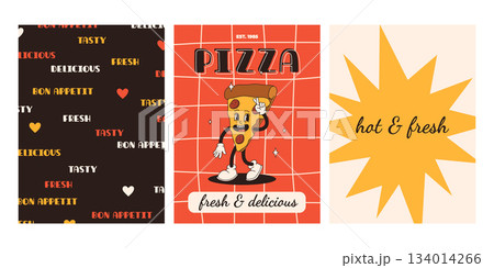 Set of fast food posters. Retro groovy cards with street food characters. Brochure with funky groovy burger, french fries, soda, ice cream, donut, pie, coffee to go, sandwich. Fast food delivery 134014266