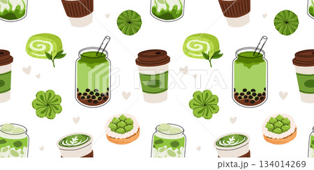 Japanese Matcha Food. Seamless pattern with Matcha Cheesecake and Matcha Tea. Vegan japanese green tea pastries and drink. Repeated Vector background, wrapping paper. Baked tart with green tea flavor. 134014269