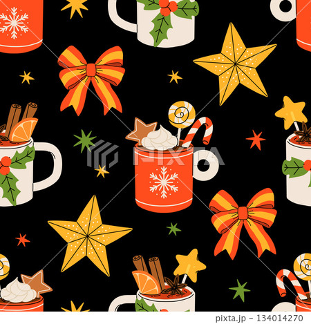Seamless Christmas pattern with cacao drink, ginger cookie, present and lollipop. Vector illustration for textile, postcard, wrapping paper, poster, background, book, t-shirt. 134014270
