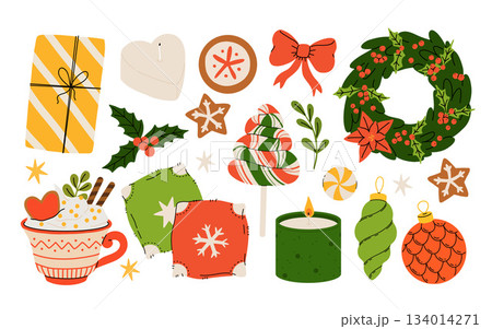 Hygge Winter elements set. Cute and cozy cartoon vector collection. Illustration of christmas present, festive garland, warm knitted sweater, envelope, star and skates. 134014271