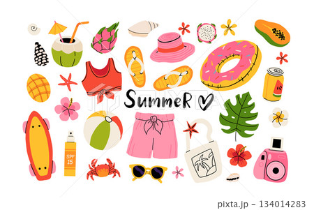 Set of summer stickers. Icons for tropical vacation. Flat vector seasonal collection with ice cream, pineapple, tropic leaves, plumeria, watermelon, surfboard, beach accessories, swimsuit 134014283