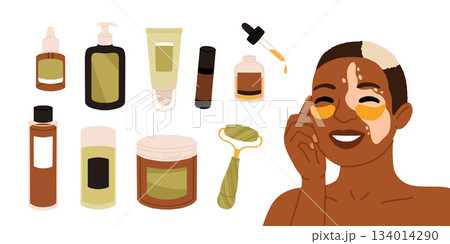 Woman applying cleansing and moisturizing face skincare products at home. Everyday skin care routine with cleanser and moisturizer. Colored flat graphic vector illustration isolated on white 134014290