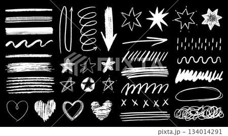 Chalk graffiti doodle punk and grunge shapes collection. Hand drawn abstract scribbles and squiggles, creative various shapes, pencil drawn icons. Scribbles, scrawls, stars, heart, curly lines. 134014291
