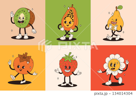 Retro groovy fruit characters. Big collection of funky happy mascots with happy smiling face. 134014304