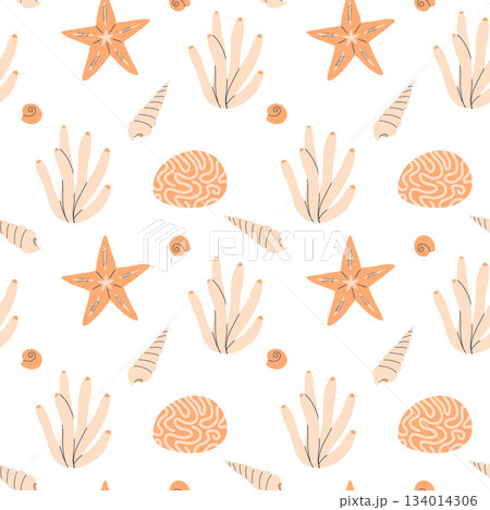Beautiful coral reefs. Natural seamless pattern with undersea flora and fauna, sea or ocean life. Undersea backdrop with coral, algae, starfish, shells. Flat vector illustration 134014306