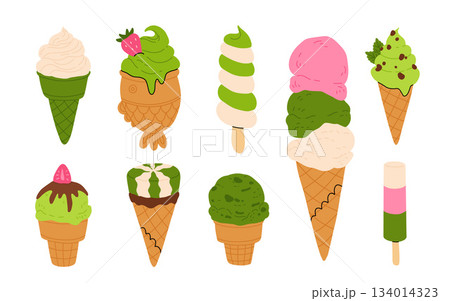 vector illustration of matcha ice cream. Set of ice cream on stick and waffle cone. Taiyaki with matcha flavored ice cream and strawberry. For menu design, food blogs, prints and postcards. vector illustration of matcha ice cream. Set of ice cream on stick and waffle cone. Taiyaki with matcha flavored ice cream and strawberry. For menu design, food blogs, prints and postcards. 134014323