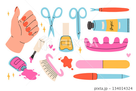 Female hands and Various manicure and pedicure accessories, equipment, tools. Nail scissors, nail file, nail polish, hand cream, brush etc. Hand drawn big colored vector set Female hands and Various manicure and pedicure accessories, equipment, tools. Nail scissors, nail file, nail polish, hand cream, brush etc. Hand drawn big colored vector set 134014324