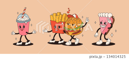 Set of fast food retro groovy cartoon character. Vintage mascot of burger, pizza, hot dog, ice cream, french fries, coffee to go, donut and soda with happy smile. Funky street food illustration Set of fast food retro groovy cartoon character. Vintage mascot of burger, pizza, hot dog, ice cream, french fries, coffee to go, donut and soda with happy smile. Funky street food illustration 134014325
