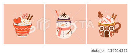 Christmas hot drink collection. Flat cartoon beverages. Holiday cute mugs with hot cocoa, coffee, and mulled wine. New year drinks decorated with sweets and candy. Isolated vector illustration 134014331