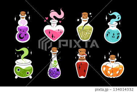 Flat cartoon bottles with magic potion. Alchemical drink in magic jars, flasks, elixir. Halloween witch drinks, star, love, ghost, pumpkin, zombie potions, poison and vampire blood. 134014332