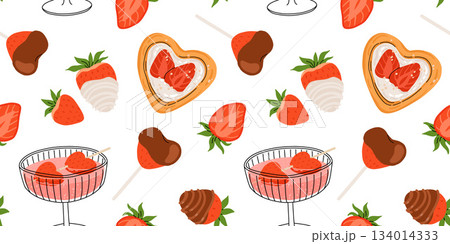 Strawberry flat vector seamless pattern. Summer drinks, sweets and desserts with taste of strawberries. Chocolate strawberry, cookie, sandwich, mochi, cheesecake, tanghulu. 134014333